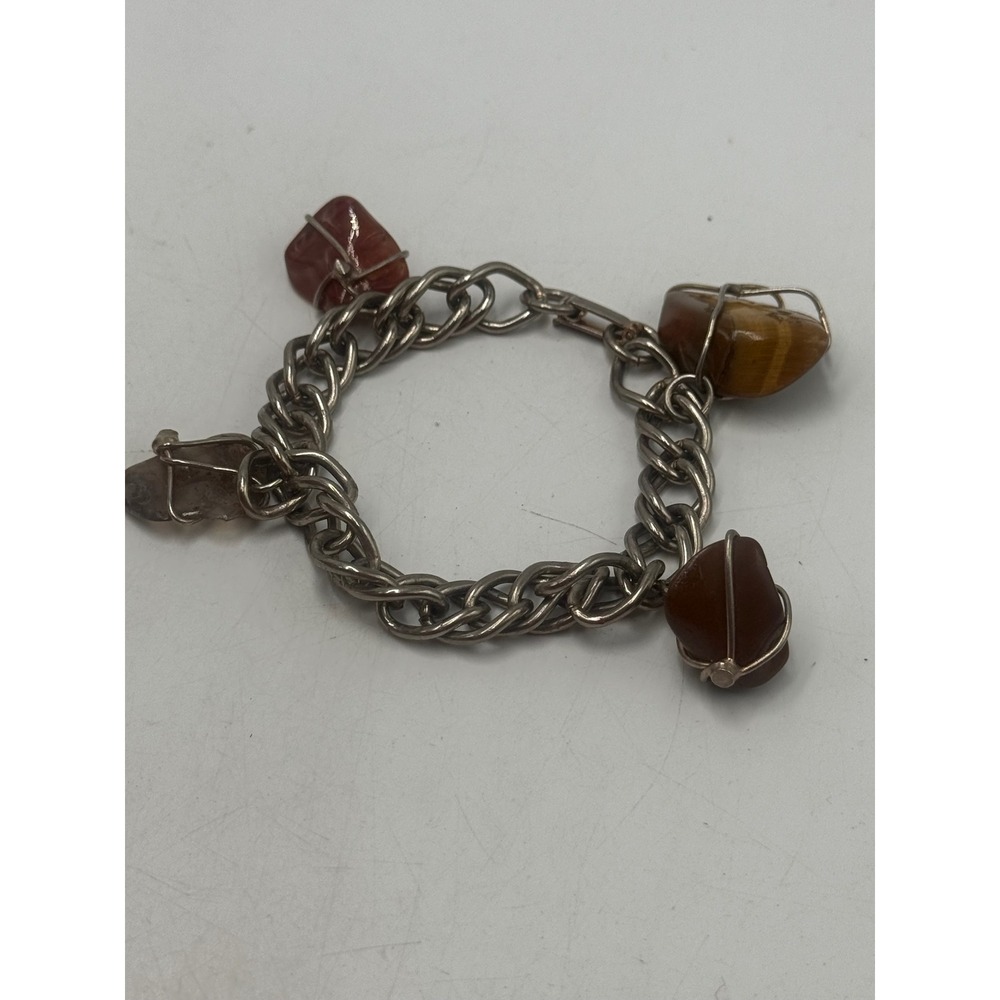 Vintage Silver Tone Wire Wrapped Tumbled Stone Charm Bracelet Tigers Eye Jasper